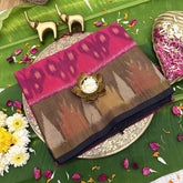 Vriksham Handwoven Pochampally Bold Pink & Earthy Brown Contrast With Tribal Motifs Ikkat Silk-Cotton Saree-VS4741